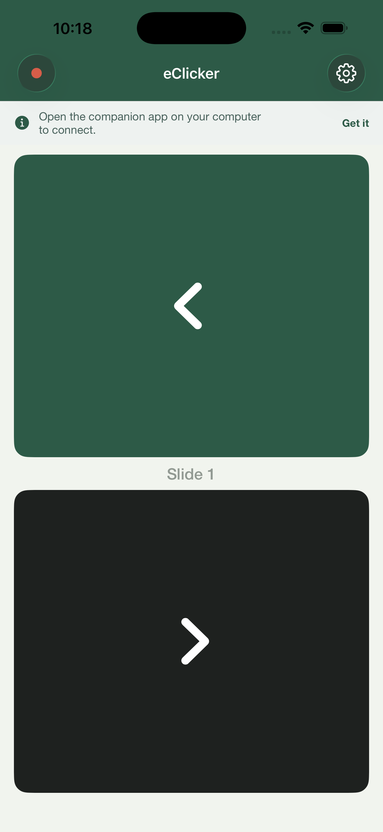 eClicker main screen with two large buttons for previous and next slide, slide counter, and connection status indicator