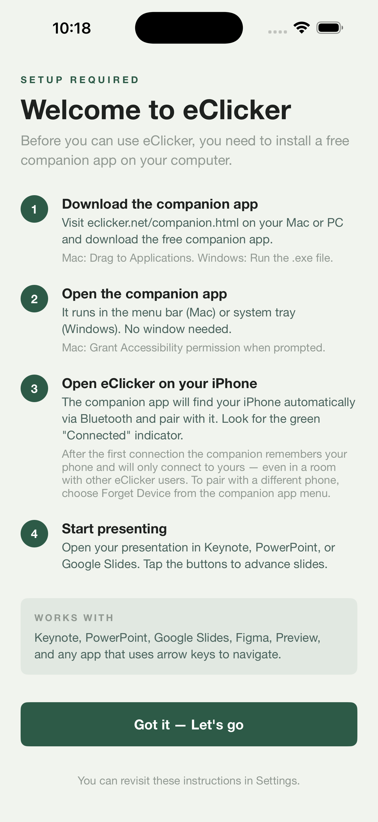 eClicker onboarding screen showing four setup steps to install and connect the companion app